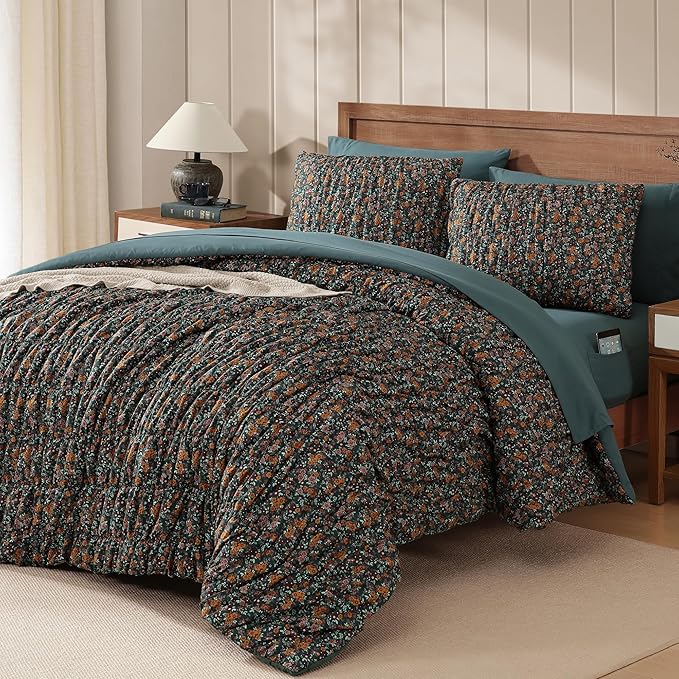 Full Size Comforter Sets-7 Pieces Puff Dark Green Floral Bedding Set for All Seasons, Shabby Chic Farmhouse Bed in a Bag Full with Floral Comforter, Sheets, Pillowcases & Shams