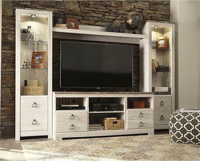 Signature Design by Ashley Willowton Vintage 4-Piece Entertainment Center for TVs up to 72" with LED Lights, Whitewash