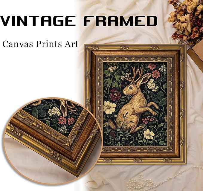 Vintage Gold Framed Bunny Wall Art Dark Botanical Cottagecore Mythical Folklore Art Painting Canvas Prints Dark Academia Floral Poster Gothic Hare Picture Artwork for Bedroom Living Room Home Decor