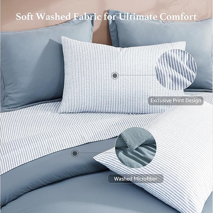 Monbix California King Size Comforter Set - 7 Pieces Dusty Blue Prewashed Bed in a Bag Bedding Sets with Comforters, All Seasons Ultra Soft Comforter Bed Set with Sheets, Pillowcases & Shams
