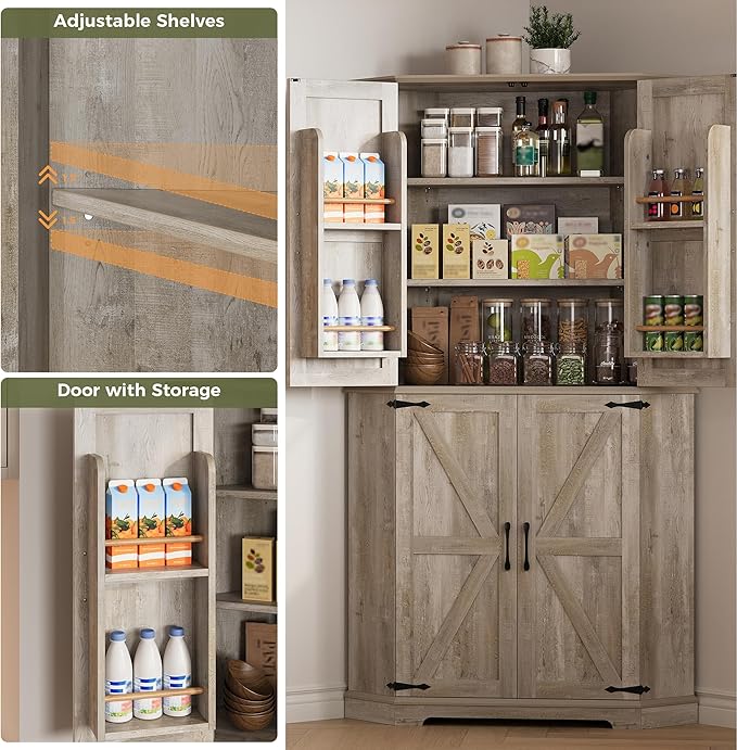 IRONCK Corner Cabinet, 72" Kitchen Pantry Cabinet, 6-Tier Farmhouse Pantry with 2 Adjustable Shelves, 240° Swivel Doors, 2 Doors Storage, Spacious Hutch for Kitchen, Living Room, Rustic Maple