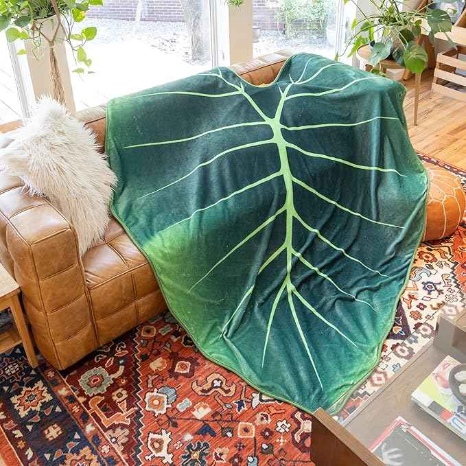 Green Philosophy Co. Regal Shield Alocasia Giant Leaf Shaped Blanket Monstera Flannel Throw Soft Cozy Breathable Lightweight and Decorative Leaves Design Gift for Plant Lovers Bed Sofa and Couch