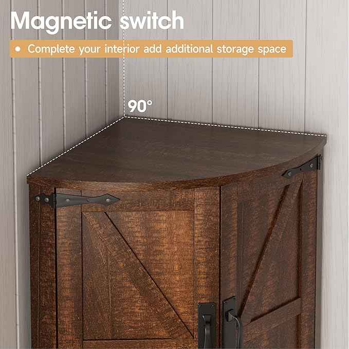 Vabches 64.8" Tall Farmhouse Corner Cabinet with 4 Doors and 5 Storage Shelves, Farmhouse Storage Cabinet with Barn Door Design, Home Space Saver for Living Room, Kitchen, Laundry Room,Brown