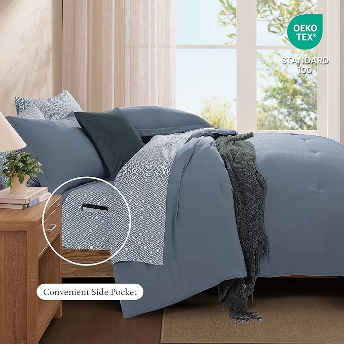 Monbix Queen Comforter Set - 7 Pieces Oxford Blue Prewashed Bed in a Bag Queen Bedding Sets with Comforters, All Seasons Ultra Soft Comforter Bed Set with Sheets,Pillowcases & Shams