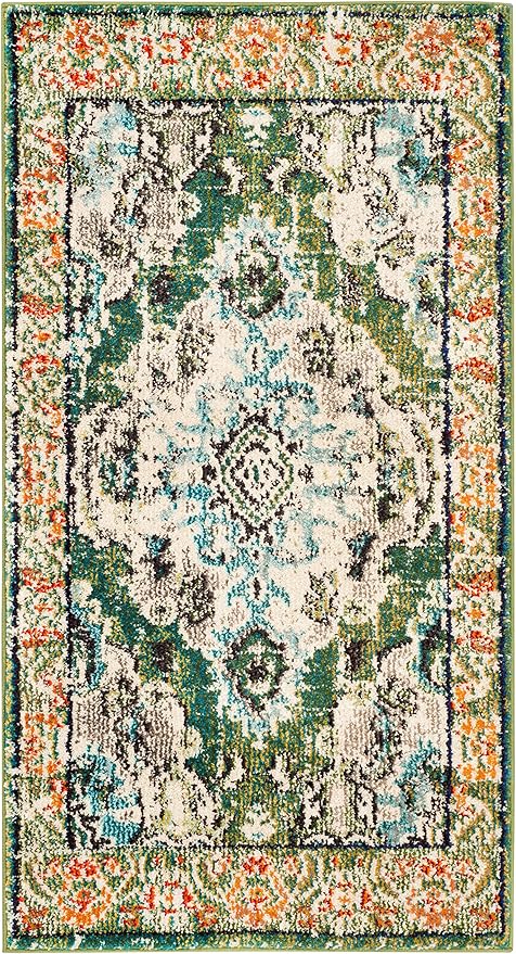 SAFAVIEH Monaco Collection Area Rug - 2'2" x 4', Forest Green & Light Blue, Non-Shedding & Easy to Clean, Distressed Medallion Design, Ideal for Front Door, Kitchen, Entryway, Accent Space (MNC243F)