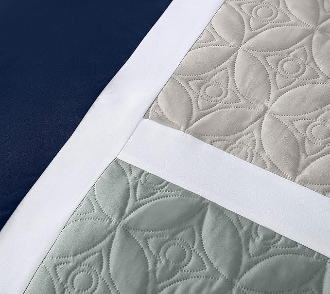 Chezmoi Collection Upland 7-Piece Quilted Patchwork Comforter Set, Navy/Blue/Gray, Queen