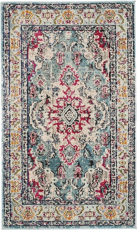 SAFAVIEH Monaco Collection Area Rug - 3' x 5', Light Blue & Fuchsia, Non-Shedding & Easy to Clean, Distressed Medallion Design, Ideal for Living Room, Bedroom, Dining Space (MNC243J)