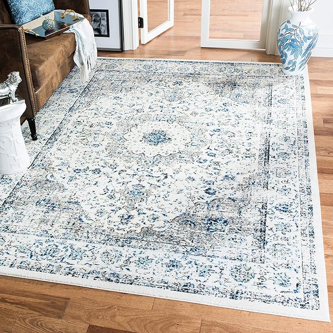 SAFAVIEH Evoke Collection Area Rug - 11' Square, Ivory & Grey, Shabby Chic Oriental Medallion Design, Non-Shedding & Easy to Clean, Ideal for Living Room, Bedroom, Dining Space (EVK220D)