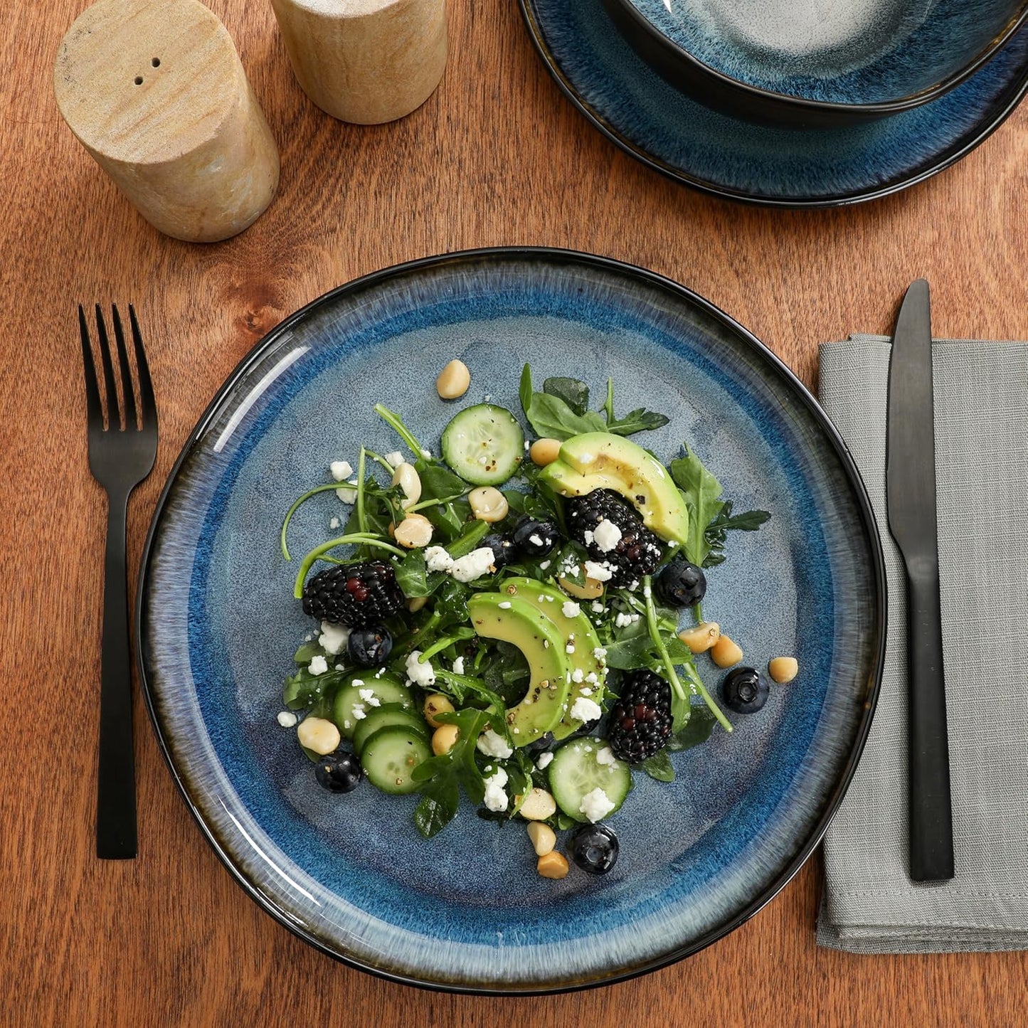 Gibson Elite Nardini 12 Piece (Service for 4) Plates and Bowls Reactive Glaze Dishes Stoneware Ceramic Dinnerware Set - Black and Blue