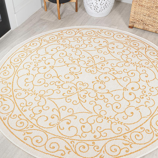 JONATHAN Y Vintage Filigree Indoor Outdoor Round Area Rug 5 Ft Cream/Yellow, Charleston Textured Weave for Backyard, Patio, Porch, Easy-Cleaning, High Traffic, Pet-Friendly, Non-Shedding (SMB106M-5R)