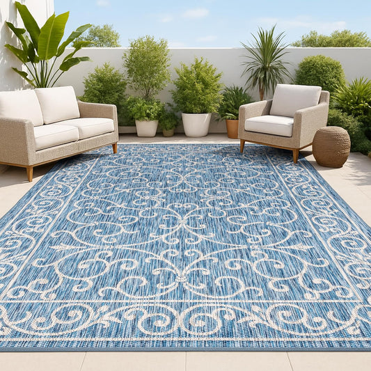 JONATHAN Y Vintage Filigree Indoor Outdoor Area Rug 4X6 Navy/Gray, Charleston Textured Weave for Backyard, Patio, Porch, Easy-Cleaning, High Traffic, Pet-Friendly, Non-Shedding (SMB106D-4)