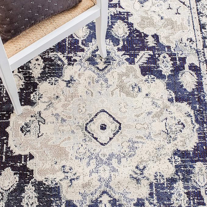 SAFAVIEH Monaco Collection Area Rug - 9' x 12', Ivory & Navy, Non-Shedding & Easy to Clean, Distressed Medallion Design, Ideal for Living Room, Bedroom, Dining Space (MNC243C)