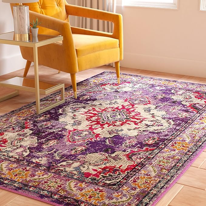 SAFAVIEH Monaco Collection Area Rug - 2'2" x 4', Violet & Fuchsia, Non-Shedding & Easy to Clean, Distressed Medallion Design, Ideal for Front Door, Kitchen, Entryway, Accent Space (MNC243P)