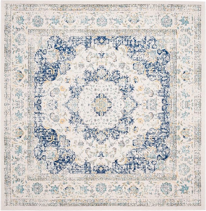 SAFAVIEH Evoke Collection Area Rug - 3' Square, Ivory & Blue, Shabby Chic Oriental Medallion Design, Non-Shedding & Easy to Clean, Ideal for Living Room, Bedroom, Dining Space (EVK220C)