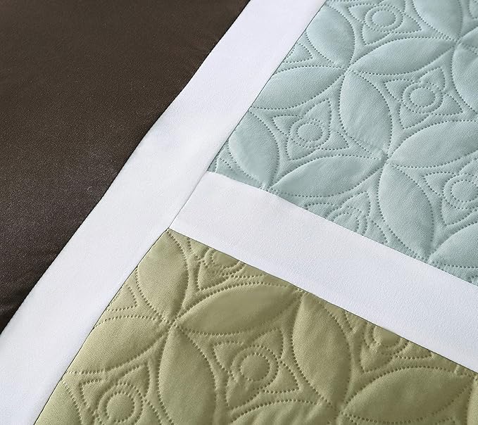 Chezmoi Collection 7-Piece Quilted Patchwork Comforter Set, Coffee Brown/Aqua Blue/Sage Green, California King