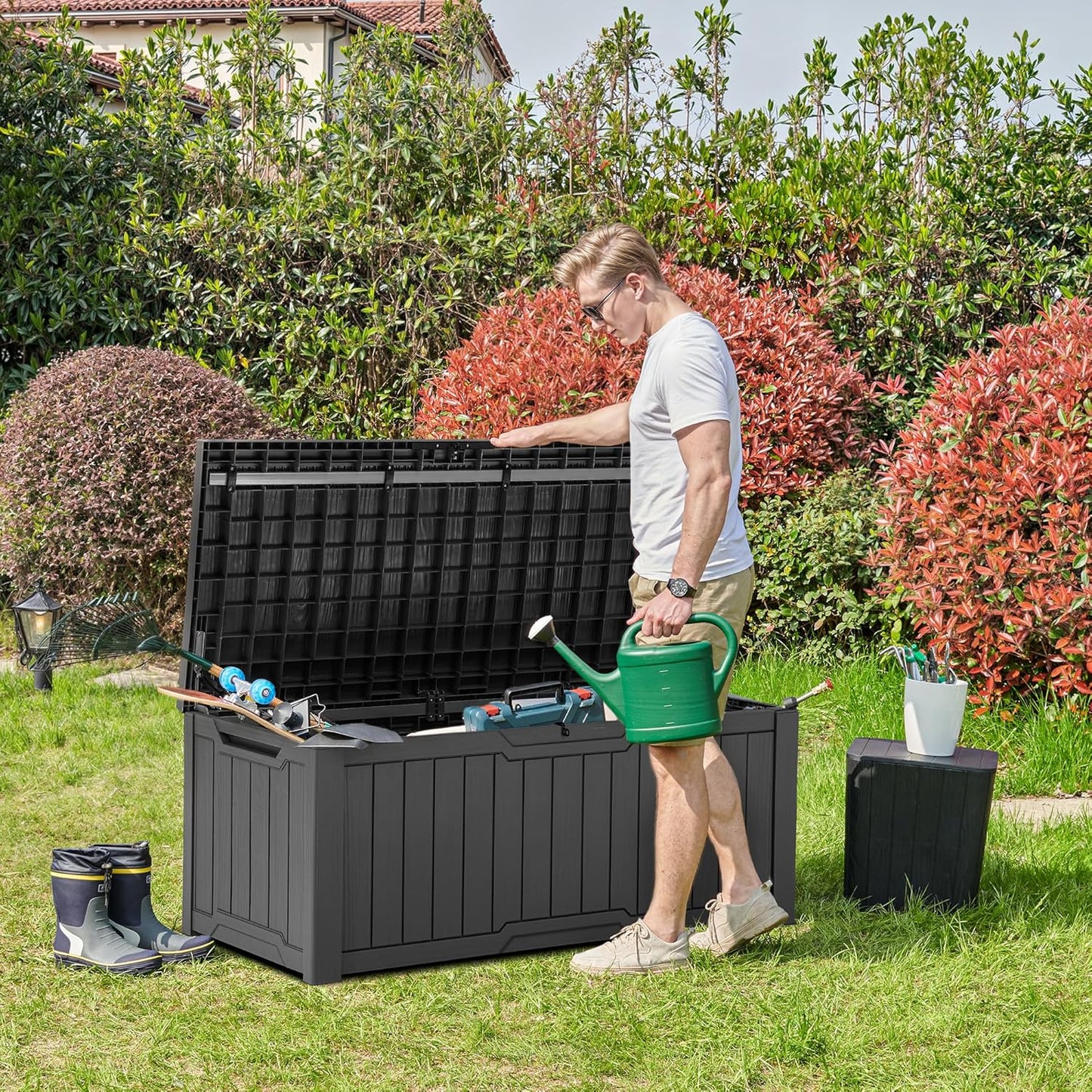 YITAHOME 120 Gallon Large Deck Box, Resin Outdoor Storage Box for Outdoor Pillows, Garden Tools and Pool Supplies, Waterproof, Lockable, Dark Gray