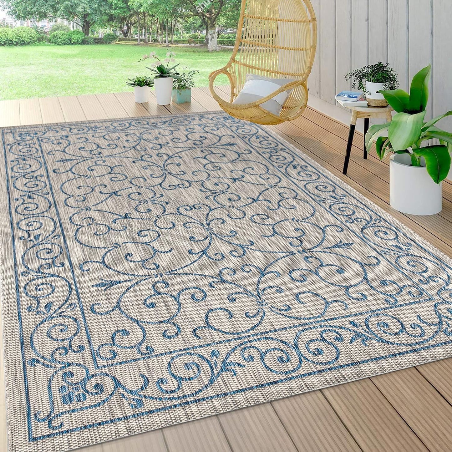 JONATHAN Y Vintage Filigree Indoor Outdoor Area Rug 10X14 Gray/Navy, Charleston Textured Weave for Backyard, Patio, Porch, Easy-Cleaning, High Traffic, Pet-Friendly, Non-Shedding (SMB106C-14)