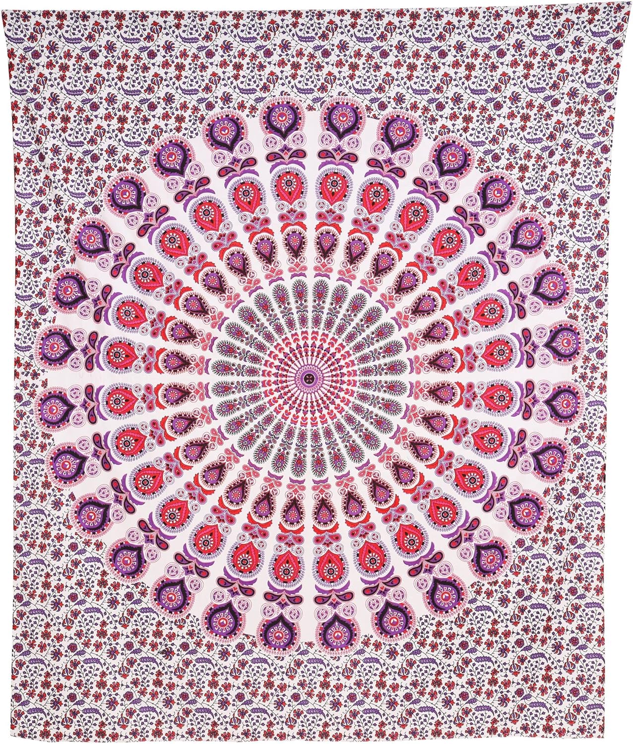 Bless International Handmade Indian hippie Bohemian Psychedelic Peacock Mandala Wall hanging College Dorm Beach Throws Table Cloth Bedding Tapestry (Pink Blue, Queen(84x90Inches)(215x230Cms))
