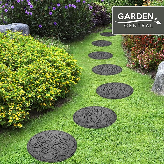 Garden Central TierraVerde 4-Pack 18”x18” Fake Pendant Rubber Stepping Stones, Round, Grey – Reversible Non-Slip Outdoor Faux Decorative Set for Landscaping – DIY Decor for Walkways & Yard Pathways