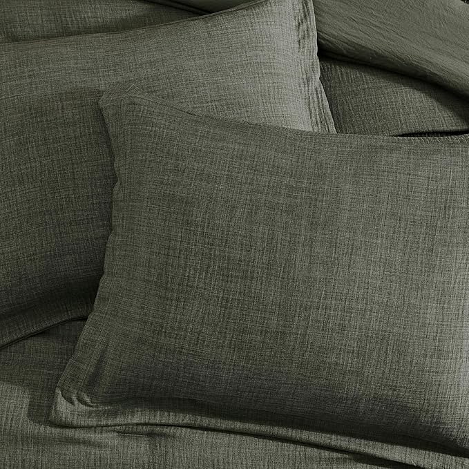 Geniospin Dark Olive Green Queen Comforter Set - 7 Pieces Comforter Queen Size, Solid Bedding Set for All Season, Textured Bed in a Bag with Sheets