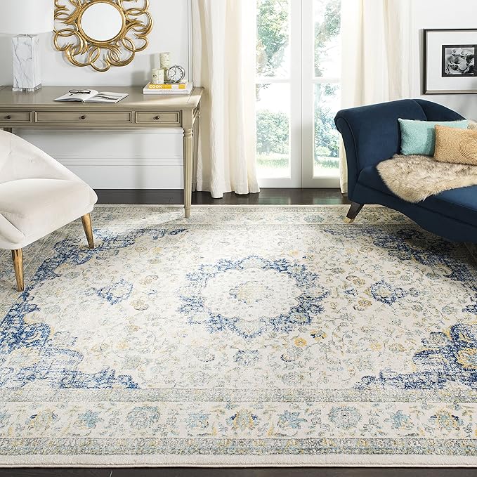 SAFAVIEH Evoke Collection Accent Rug - 2'2" x 5', Ivory & Blue, Shabby Chic Oriental Medallion Design, Non-Shedding & Easy to Clean, Ideal for Foyer, Kitchen, Entryway (EVK220C)