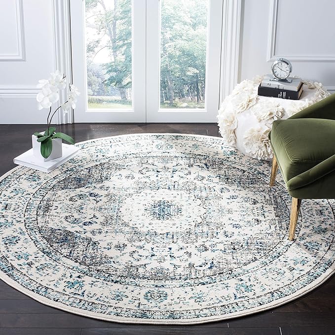 SAFAVIEH Evoke Collection Area Rug - 9' Round, Ivory & Grey, Shabby Chic Oriental Medallion Design, Non-Shedding & Easy to Clean, Ideal for Living Room, Bedroom, Dining Space (EVK220D)