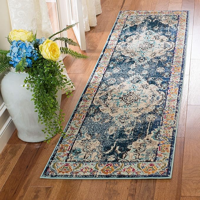 SAFAVIEH Monaco Collection Runner Rug - 2'2" x 22', Navy & Light Blue, Non-Shedding & Easy to Clean, Distressed Medallion Design, Ideal for Hallway, Foyer, Entryway, Kitchen, Bedroom (MNC243N)