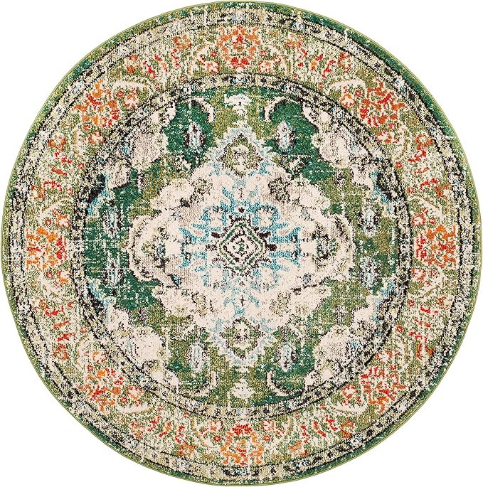 SAFAVIEH Monaco Collection Area Rug - 8' Round, Forest Green & Light Blue, Non-Shedding & Easy to Clean, Distressed Medallion Design, Ideal for Living Room, Bedroom, Dining Space (MNC243F)