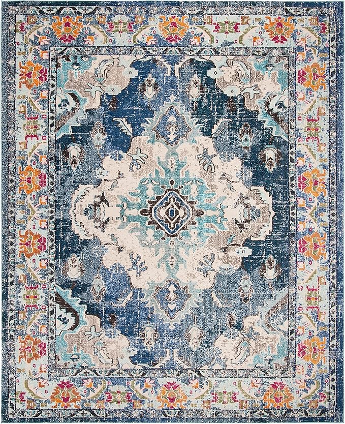 SAFAVIEH Monaco Collection Area Rug - 10' x 14', Navy & Light Blue, Non-Shedding & Easy to Clean, Distressed Medallion Design, Ideal for Living Room, Bedroom, Dining Space (MNC243N)