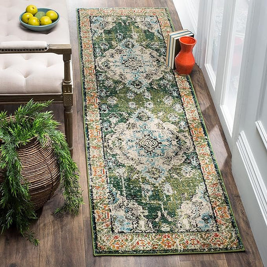 SAFAVIEH Monaco Collection Runner Rug - 2'2" x 20', Forest Green & Light Blue, Non-Shedding & Easy to Clean, Distressed Medallion Design, Ideal for Hallway, Foyer, Entryway, Kitchen, Bedroom (MNC243F)