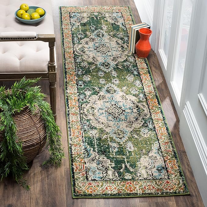 SAFAVIEH Monaco Collection Runner Rug - 2'2" x 18', Forest Green & Light Blue, Non-Shedding & Easy to Clean, Distressed Medallion Design, Ideal for Hallway, Foyer, Entryway, Kitchen, Bedroom (MNC243F)