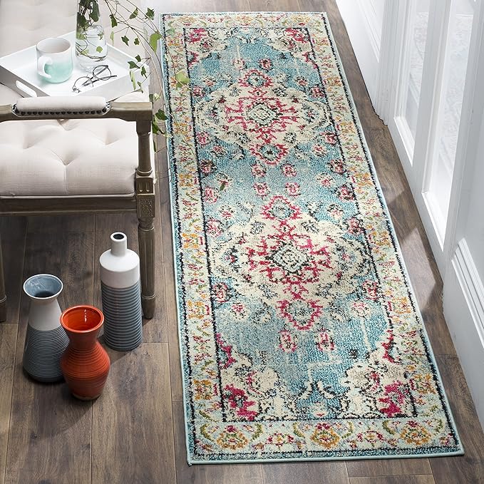 SAFAVIEH Monaco Collection Runner Rug - 2'2" x 16', Light Blue & Fuchsia, Non-Shedding & Easy to Clean, Distressed Medallion Design, Ideal for Hallway, Foyer, Entryway, Kitchen, Bedroom (MNC243J)