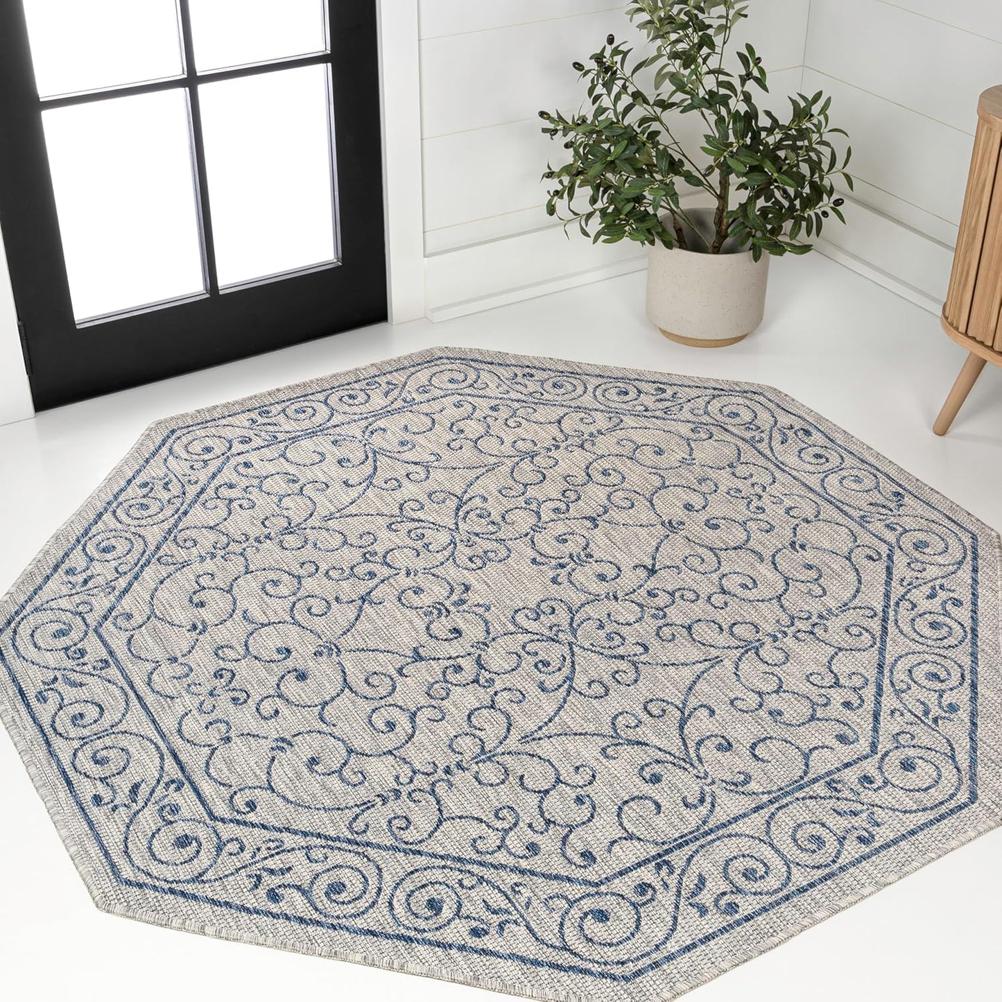 JONATHAN Y Vintage Filigree Indoor Outdoor Octagon Area Rug 5 Ft Gray/Navy, Charleston Textured Weave for Backyard, Patio, Porch, Easy-Cleaning, High Traffic, Pet-Friendly, Non-Shedding SMB106C-5TGN