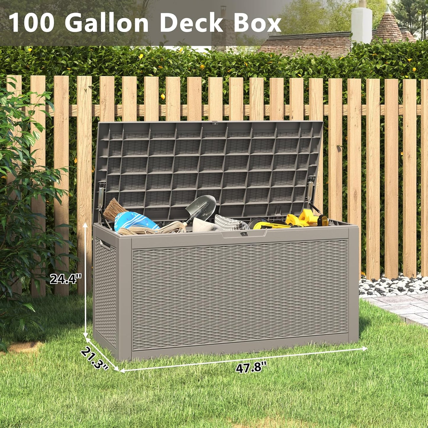 NUNU LAB 102 Gallon Large Waterproof Resin Deck Box, Lockable Outdoor Storage Box with Gas Lift, Patio Cushions, Garden Tools, Pool Supplies, Indoor Outdoor Storage Container, Grey