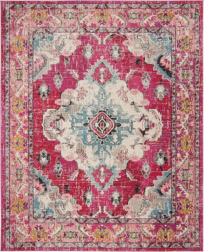 SAFAVIEH Monaco Collection Area Rug - 6'7" x 9'2", Pink & Multi, Non-Shedding & Easy to Clean, Distressed Medallion Design, Ideal for Living Room, Bedroom, Dining Space (MNC243D)
