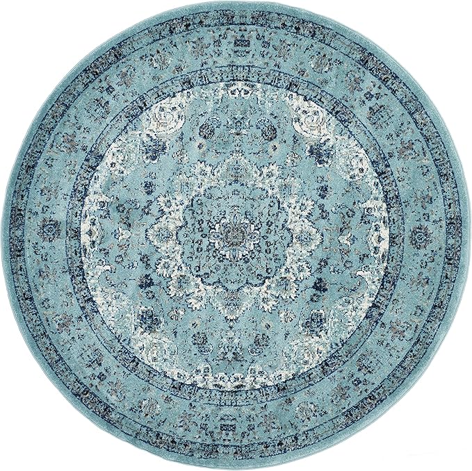 SAFAVIEH Evoke Collection Area Rug - 9' Round, Light Blue, Shabby Chic Oriental Medallion Design, Non-Shedding & Easy to Clean, Ideal for Living Room, Bedroom, Dining Space (EVK220E)