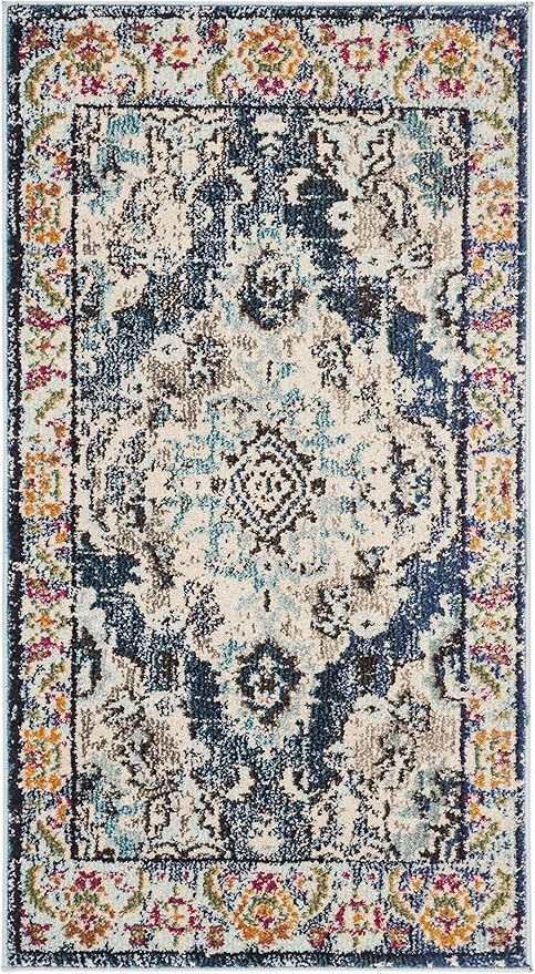 SAFAVIEH Monaco Collection Area Rug - 2'2" x 4', Navy & Light Blue, Non-Shedding & Easy to Clean, Distressed Medallion Design, Ideal for Front Door, Kitchen, Entryway, Accent Space (MNC243N)