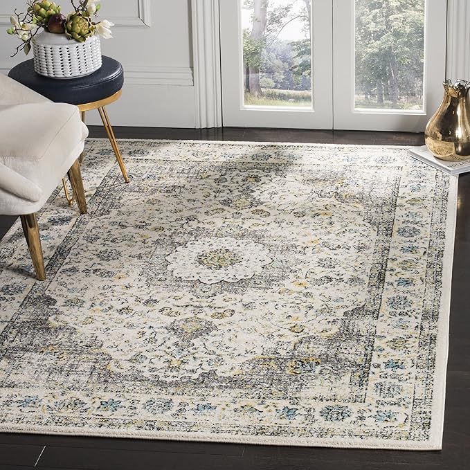 SAFAVIEH Evoke Collection Area Rug - 9' Square, Grey & Gold, Shabby Chic Oriental Medallion Design, Non-Shedding & Easy to Clean, Ideal for Living Room, Bedroom, Dining Space (EVK220B)