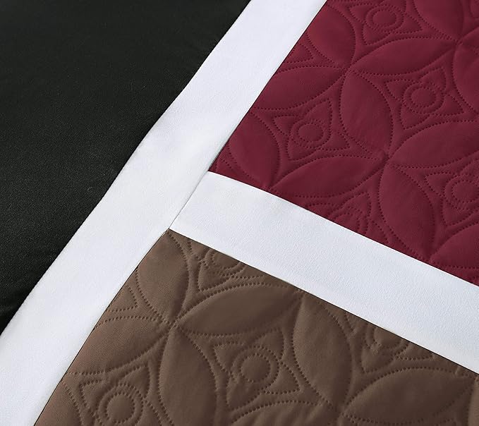 Chezmoi Collection Upland 7-Piece Quilted Patchwork Comforter Set, Burgundy/Black/Brown, King