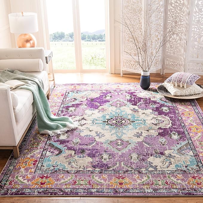 SAFAVIEH Monaco Collection Area Rug - 8' x 10', Violet & Light Blue, Non-Shedding & Easy to Clean, Distressed Medallion Design, Ideal for Living Room, Bedroom, Dining Space (MNC243L)