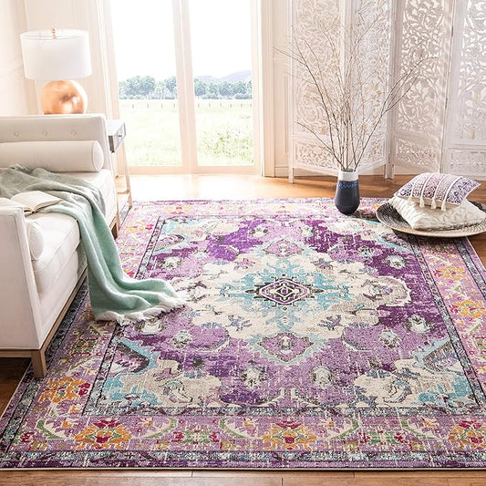 SAFAVIEH Monaco Collection Area Rug - 8' x 10', Violet & Light Blue, Non-Shedding & Easy to Clean, Distressed Medallion Design, Ideal for Living Room, Bedroom, Dining Space (MNC243L)