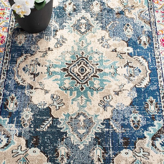 SAFAVIEH Monaco Collection Area Rug - 2'2" x 4', Navy & Light Blue, Non-Shedding & Easy to Clean, Distressed Medallion Design, Ideal for Front Door, Kitchen, Entryway, Accent Space (MNC243N)