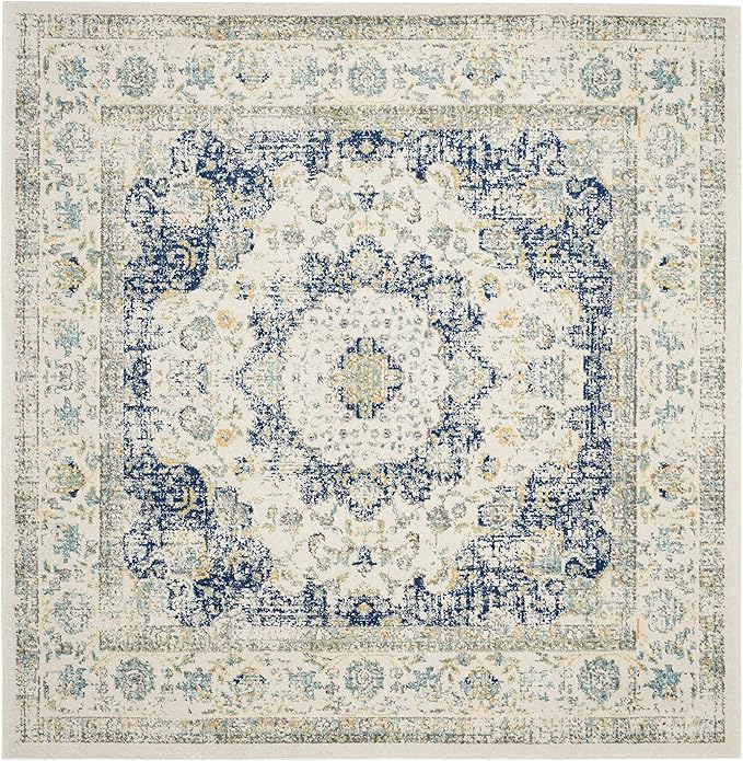 SAFAVIEH Evoke Collection Area Rug - 9' Square, Ivory & Blue, Shabby Chic Oriental Medallion Design, Non-Shedding & Easy to Clean, Ideal for Living Room, Bedroom, Dining Space (EVK220C)