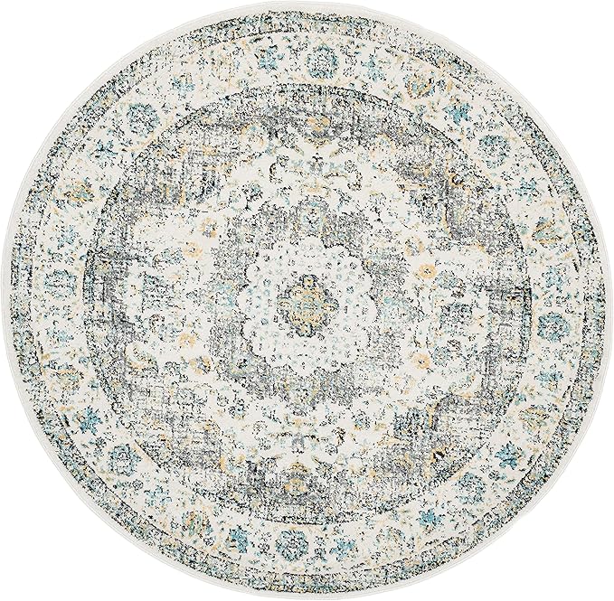 SAFAVIEH Evoke Collection Area Rug - 5'3" Round, Grey & Gold, Shabby Chic Oriental Medallion Design, Non-Shedding & Easy to Clean, Ideal for Living Room, Bedroom, Dining Space (EVK220B)