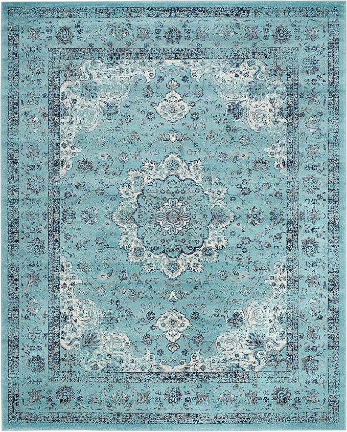 SAFAVIEH Evoke Collection Area Rug - 6'7" x 9', Light Blue, Shabby Chic Oriental Medallion Design, Non-Shedding & Easy to Clean, Ideal for Living Room, Bedroom, Dining Space (EVK220E)