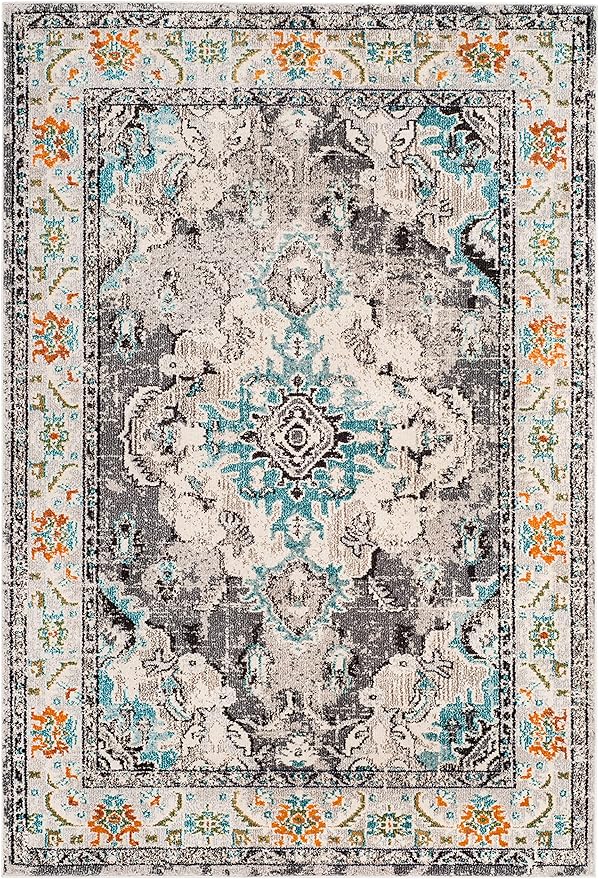 SAFAVIEH Monaco Collection Area Rug - 8' x 10', Grey & Light Blue, Non-Shedding & Easy to Clean, Distressed Medallion Design, Ideal for Living Room, Bedroom, Dining Space (MNC243G)