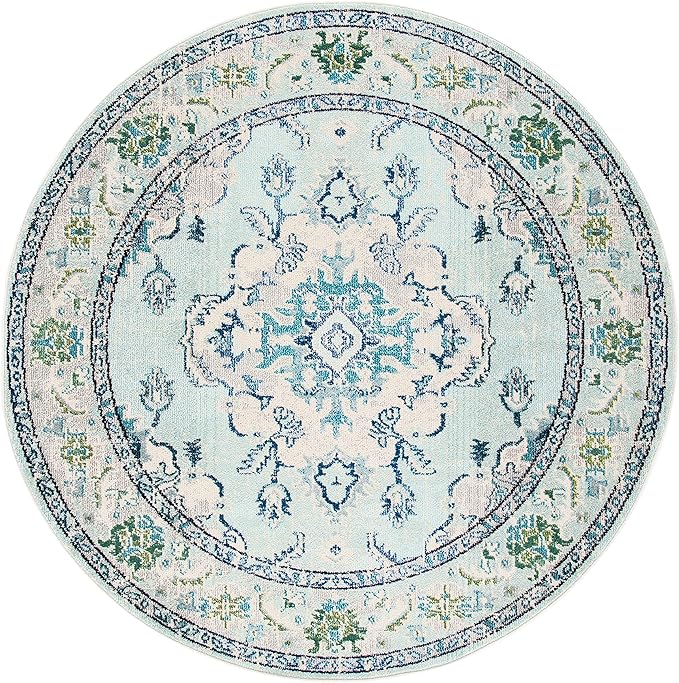 SAFAVIEH Monaco Collection Area Rug - 5' Round, Light Blue & Ivory, Non-Shedding & Easy Care, Ideal for High Traffic Areas in Living Room, Foyer, Bedroom (MNC243K-5R)