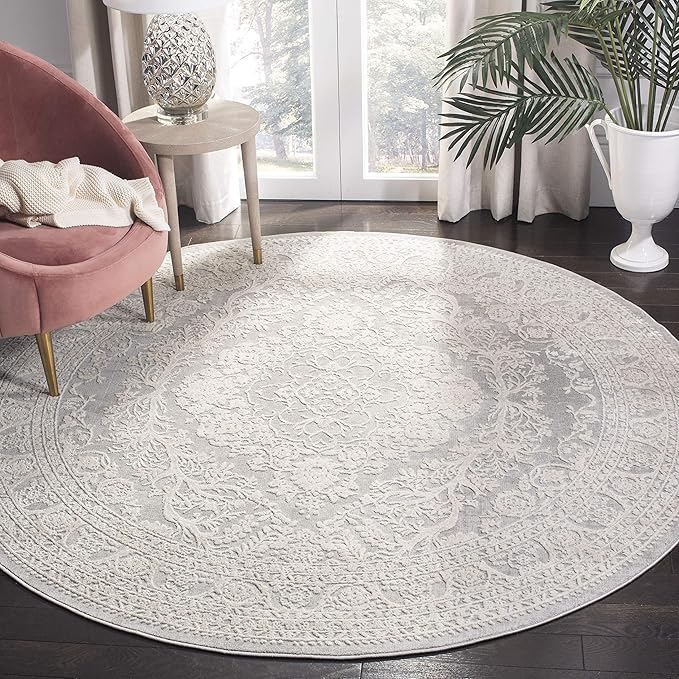 SAFAVIEH Area Rug 5' Round - Reflection Collection - Light Grey & Cream, Non-Shedding & Easy Cleaning, Ideal for Living Room, Bedroom (RFT668G)