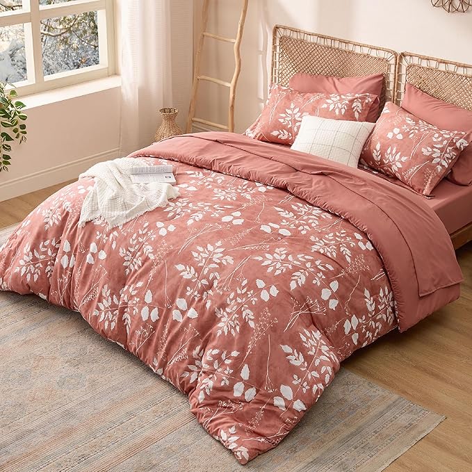 Bedsure Dusty Pink Queen Comforter Set - 7 Pieces Floral Bedding Sets, Queen Bed in a Bag with Reversible Botanical Flowers Comforter, Sheets, Pillowcases & Shams