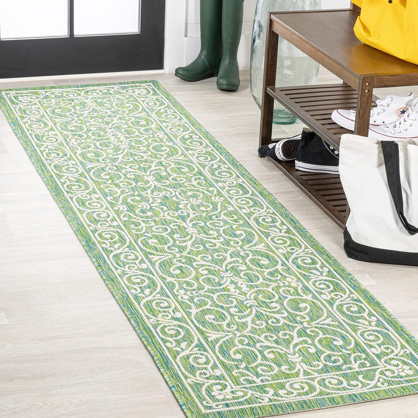 JONATHAN Y Vintage Filigree Indoor Outdoor Runner Rug 2X10 Green/Ivory, Charleston Textured Weave for Backyard, Patio, Porch, Easy-Cleaning, High Traffic, Pet-Friendly, Non-Shedding (SMB106K-210)